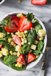 Farmer's Market Strawberry Corn Salad - an easy, simple salad with fresh summer flavors! | Fork in the Kitchen