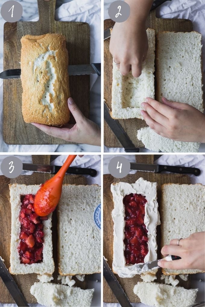 4 images cutting rectangle in cake and filling with strawberry filling.