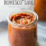 romesco sauce in jar with title text
