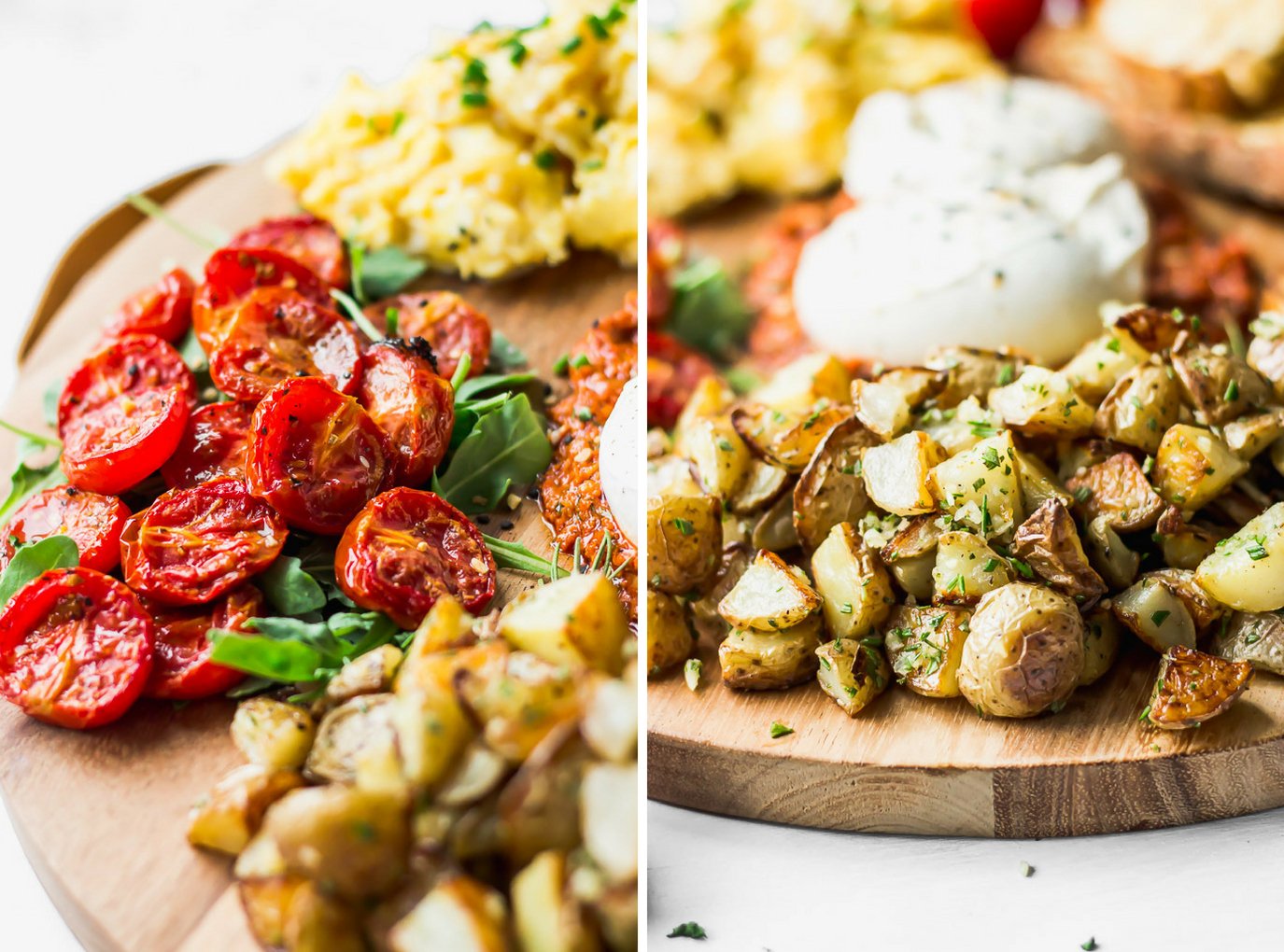 Two photo collage with tomatoes and potatoes up close on breakfast board.