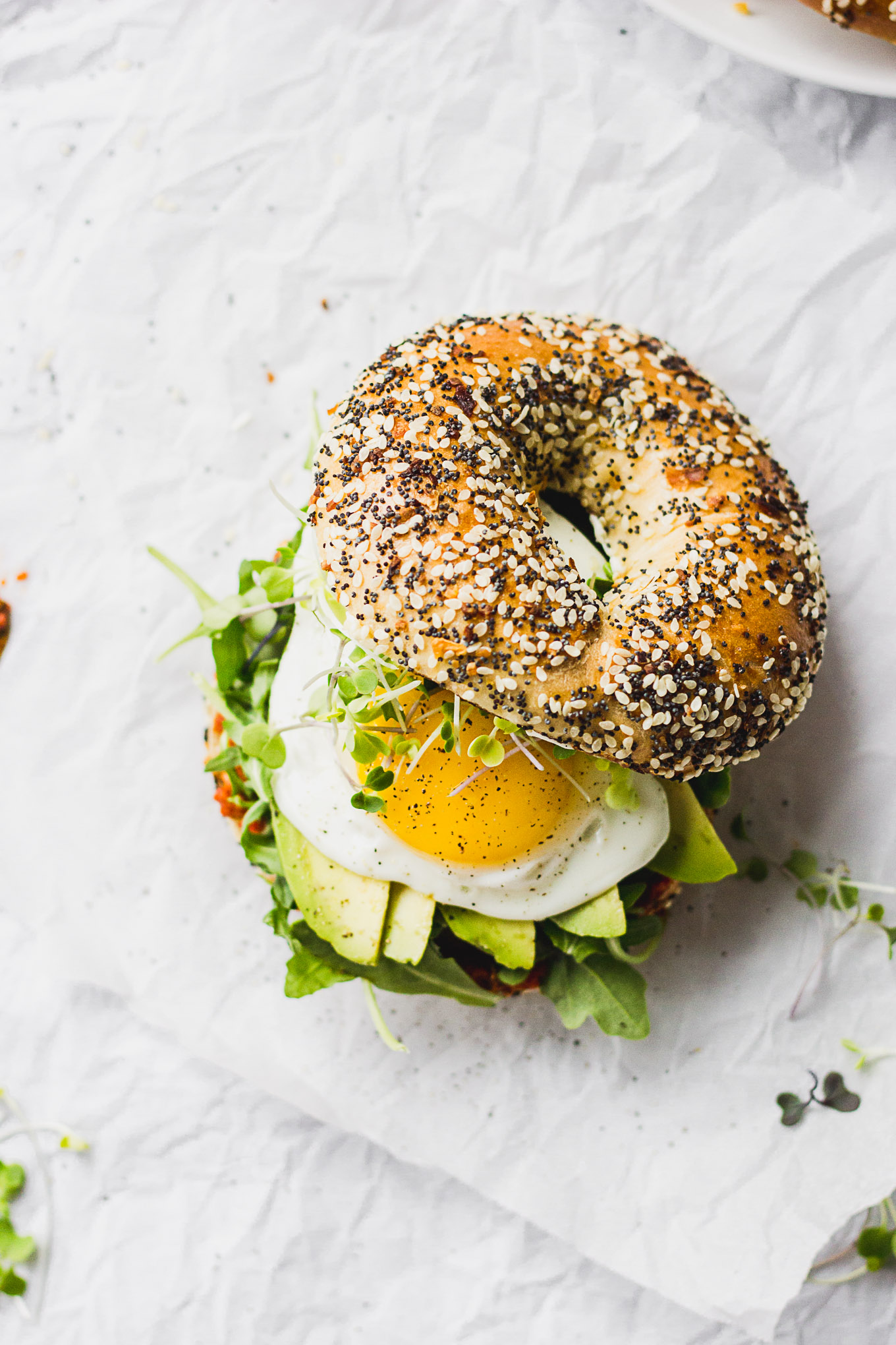 Bagel sandwich with top askew showing microgreens and fried egg.
