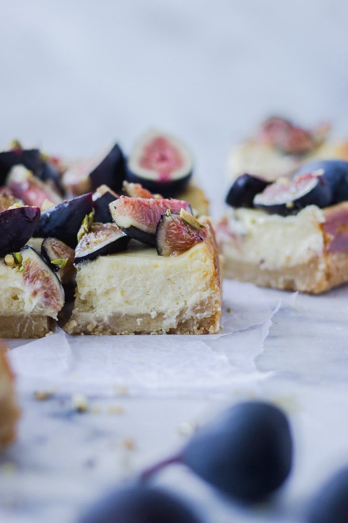 fig cheesecake bars sliced side view