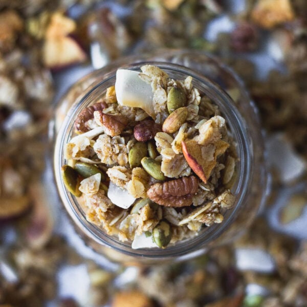 easy autumn spice granola in jar by fork in the kitchen