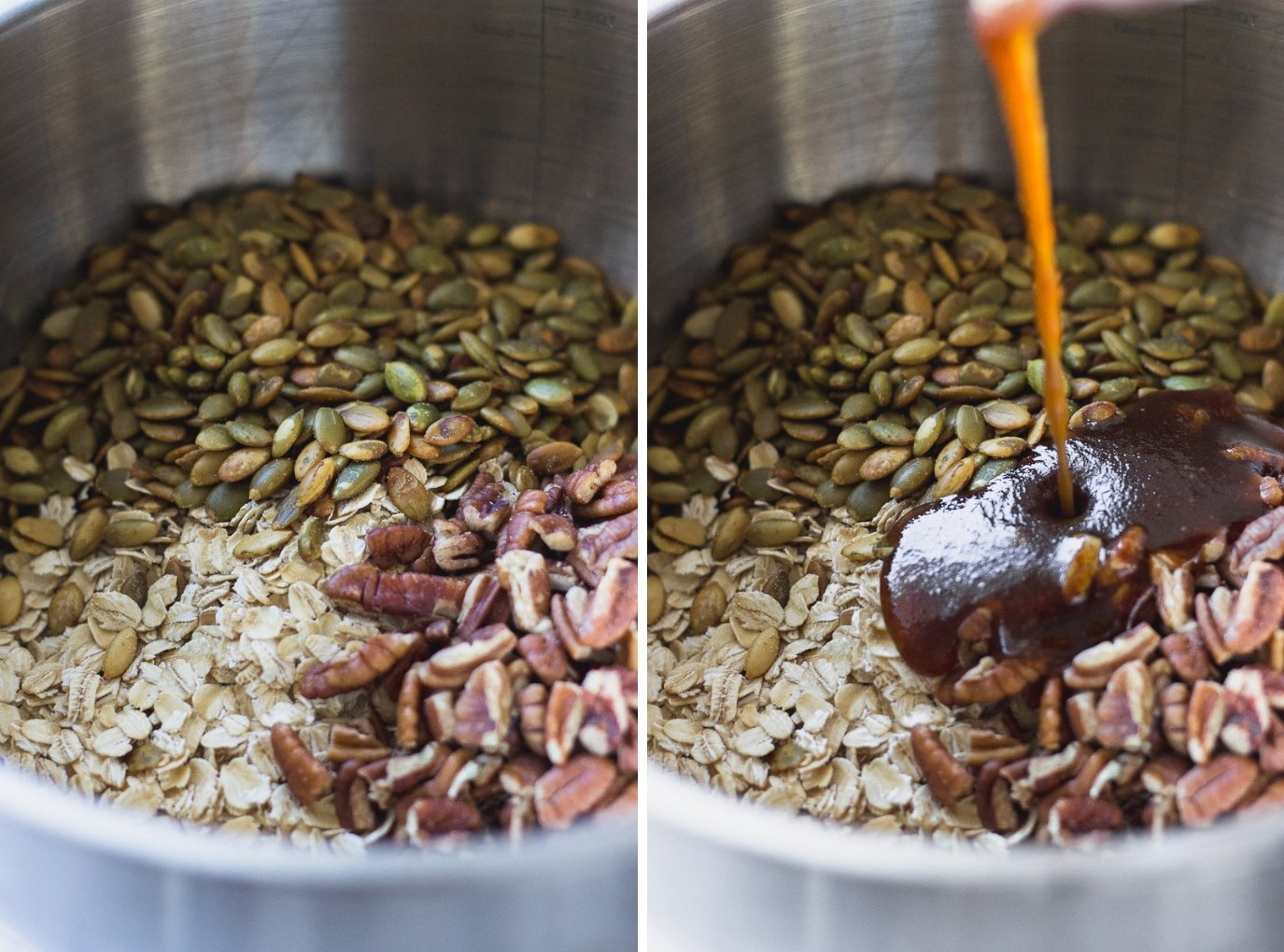 easy autumn spice granola ingredients and pouring into bowl by fork in the kitchen