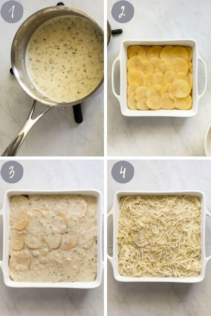 4 images assembling recipe in baking dish.
