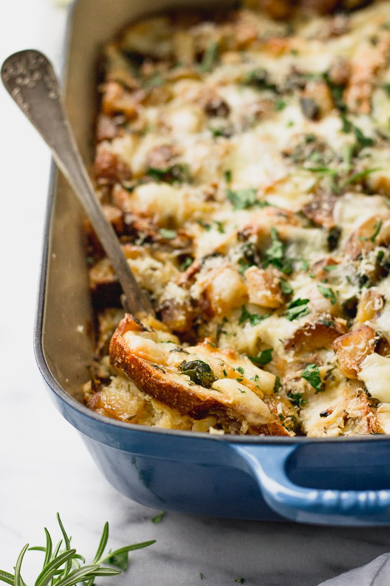 Winter Breakfast Strata with Fontina with spoon by Fork in the Kitchen