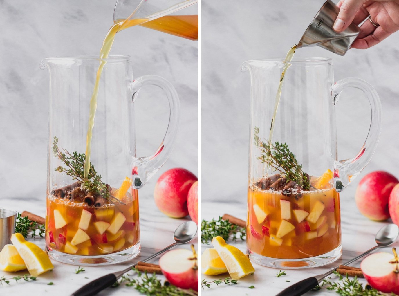 pouring cider and bourbon into apple cider sangria pitcher by fork in the kitchen