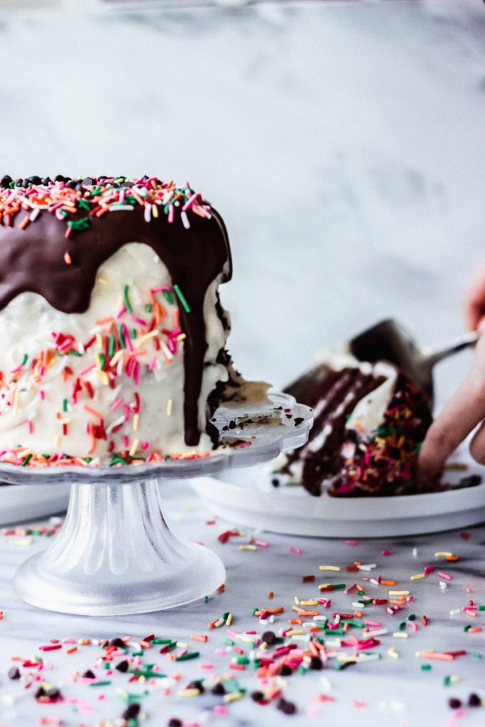Mini Chocolate Cake with Sour Cream Frosting with chocolate and sprinkles on tray | Fork in the Kitchen