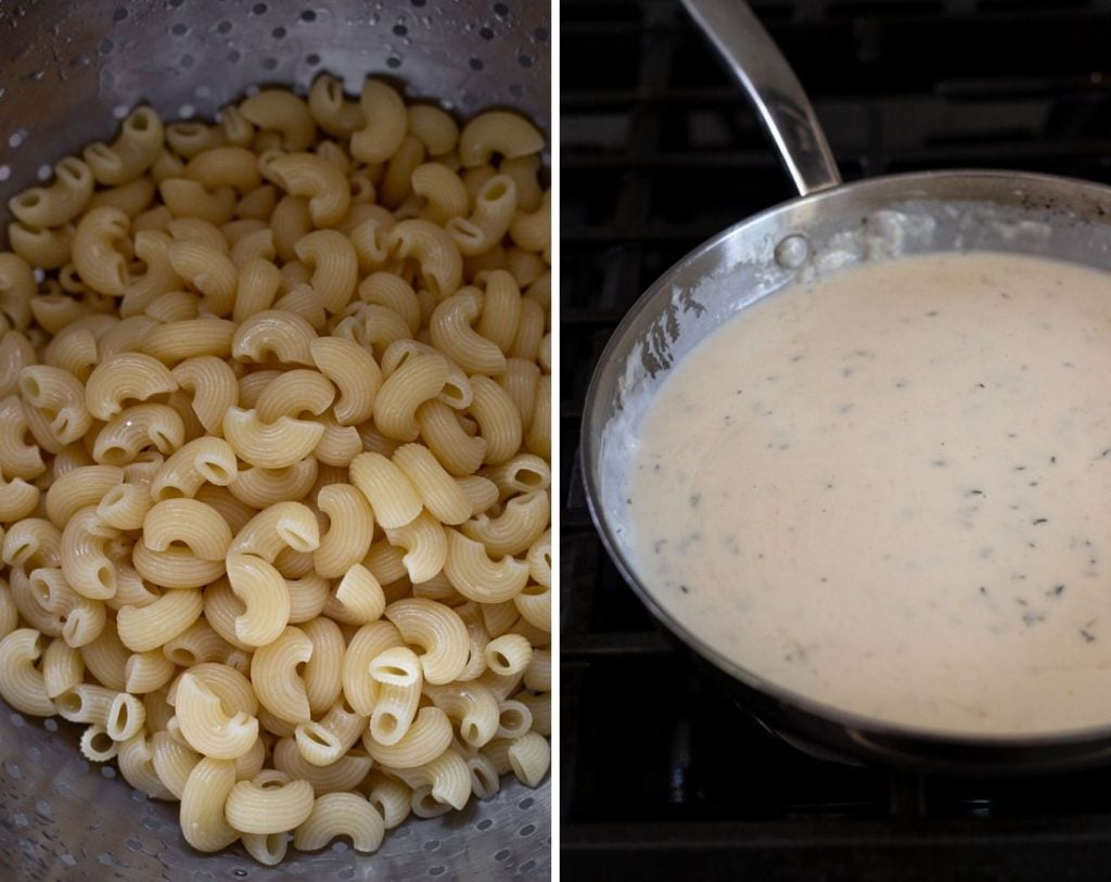 Pasta in colander and skillet with cream sauce.