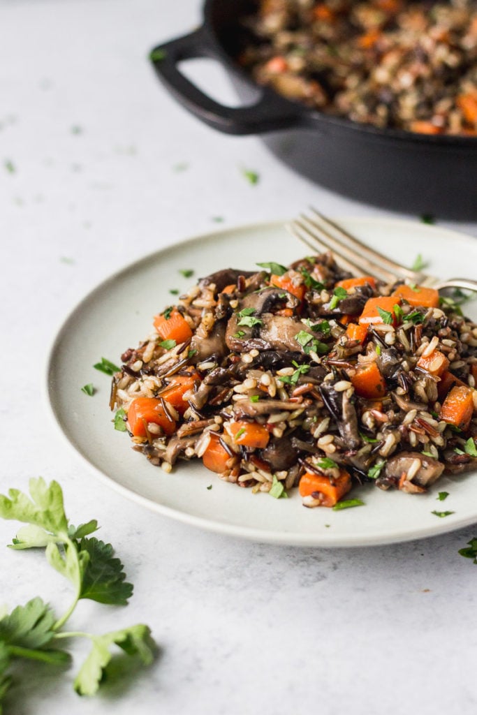 Herbed Wild Rice with Mushrooms on plate with fork by fork in the kitchen