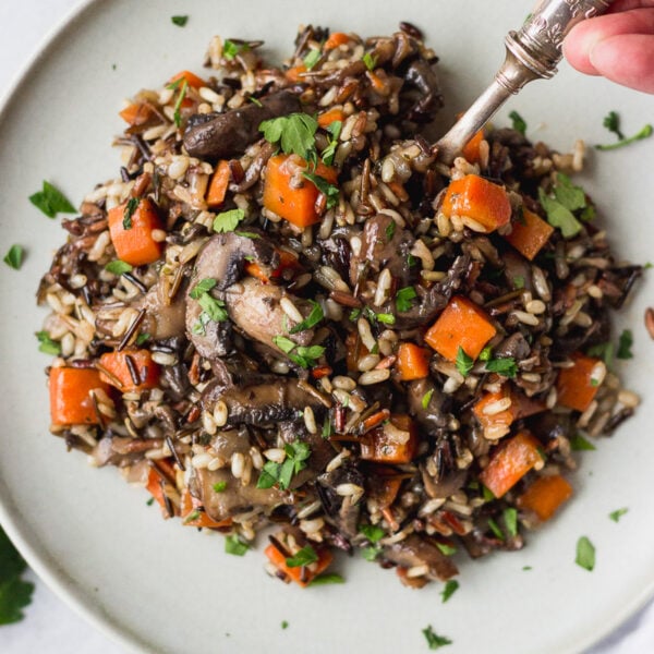 Herbed Wild Rice with Mushrooms on plate with fork by fork in the kitchen