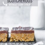 chocolate butterscotch rice krispie bars on cooling rack with milk
