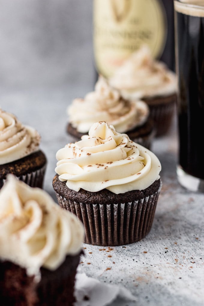 guinness cupcakes with cream cheese frosting by fork in the kitchen