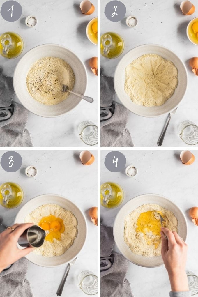 4 photos showing adding ingredients to dry flours for pasta dough 