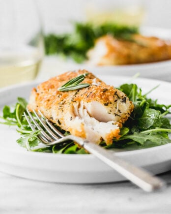 parmesan rosemary crusted cod on arugula with fork