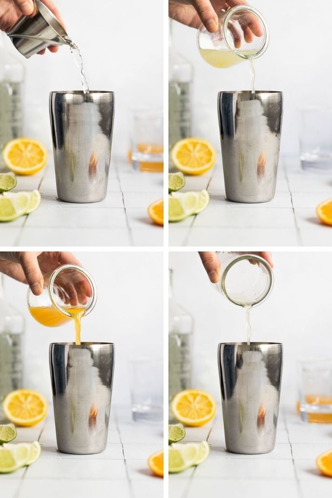 4 images pouring tequila and fruit juices into cocktail shaker.