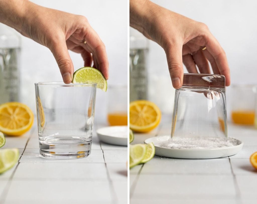 Two images: lime around glass rim, dipping rim in salt.