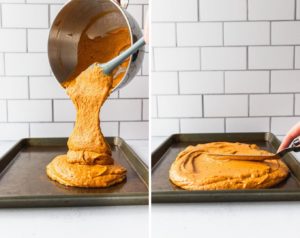pouring pumpkin bar batter into jelly roll pan