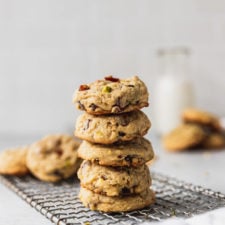 stack of apricot pistachio cookies on wire rack