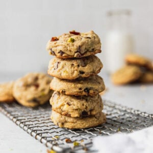 stack of apricot pistachio cookies on wire rack