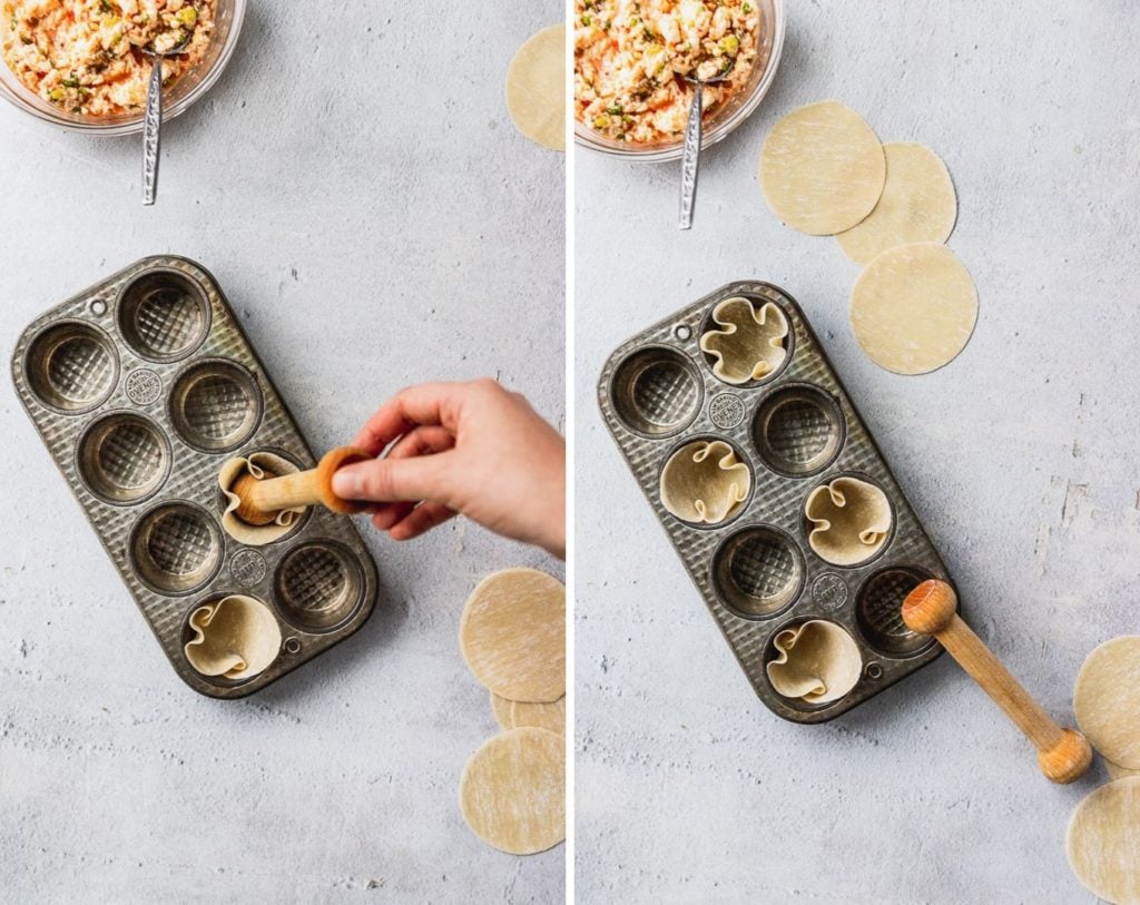 pushing wonton wrappers into mini muffin tin side by side process
