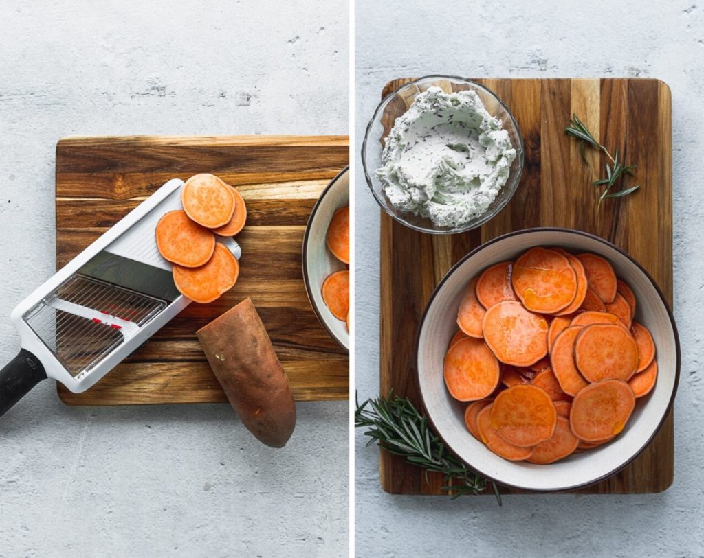 side by side photos of mandoline with sweet potato slices and bowl of slices next to herbed goat cheese
