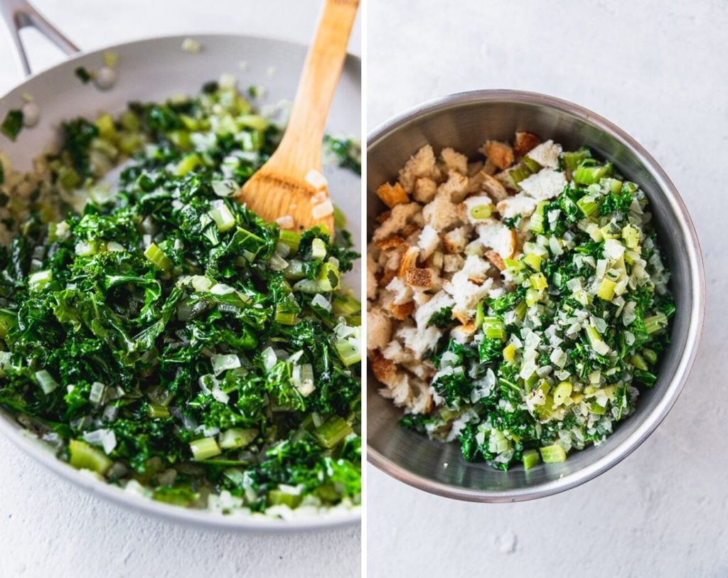 side by side photos of kale, onion, and celery mixture then the mixture in a bowl with bread cubes