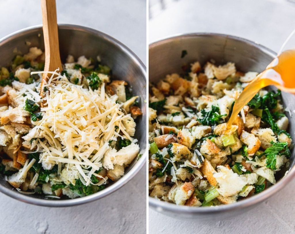 side by side photos of mixing bowl adding gruyere cheese to vegetarian stuffing and pouring vegetable stock into stuffing