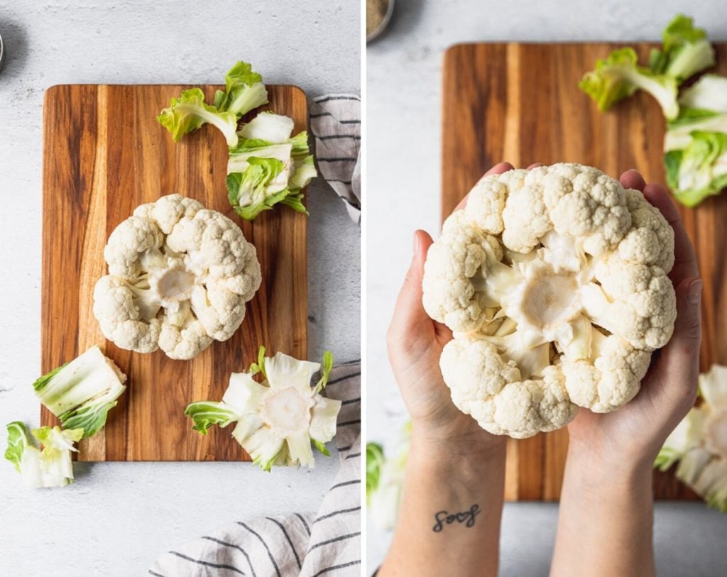 cutting out stem of cauliflower side by side