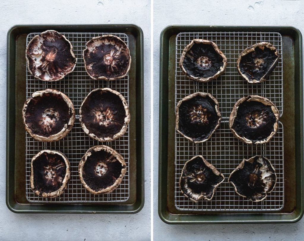 side by side mushrooms on cooling rack on baking sheet before and after pre-baking