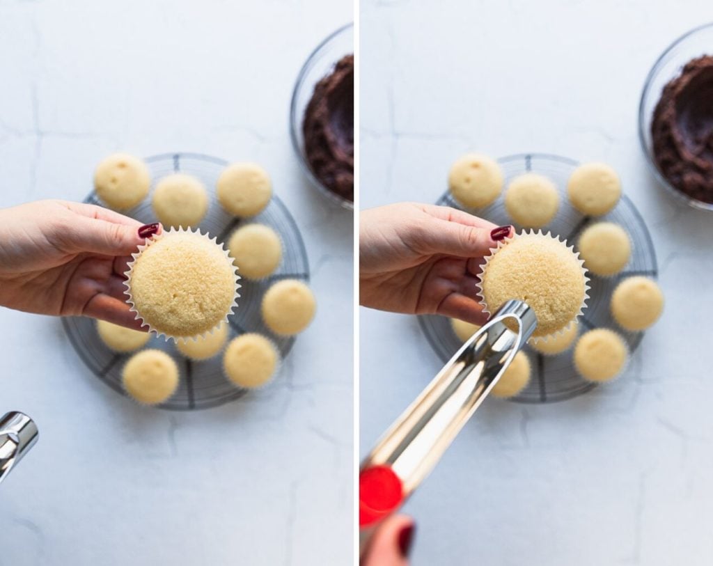 using an apple corer to remove center of cupcakes