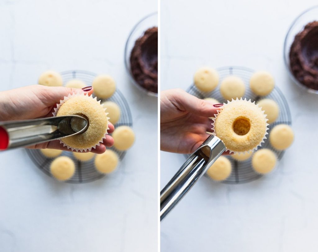 apple corer removing center of cupcake to fill it with frosting