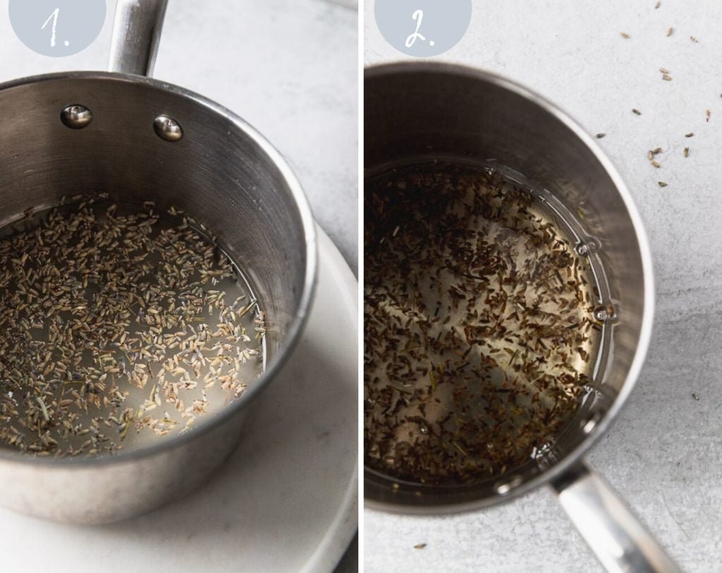 side by side before and after lavender simple syrup