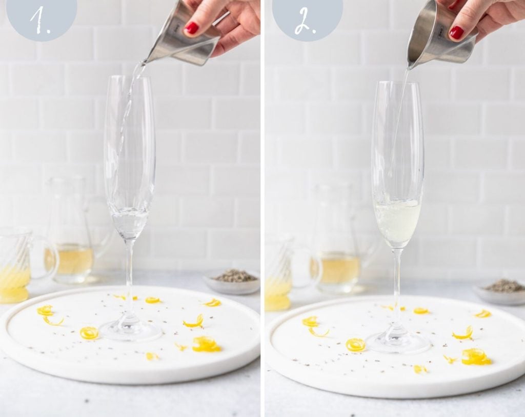 pouring vodka and lemon juice into champagne flute