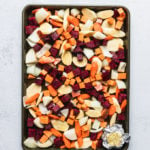 root vegetables on baking sheet uncooked
