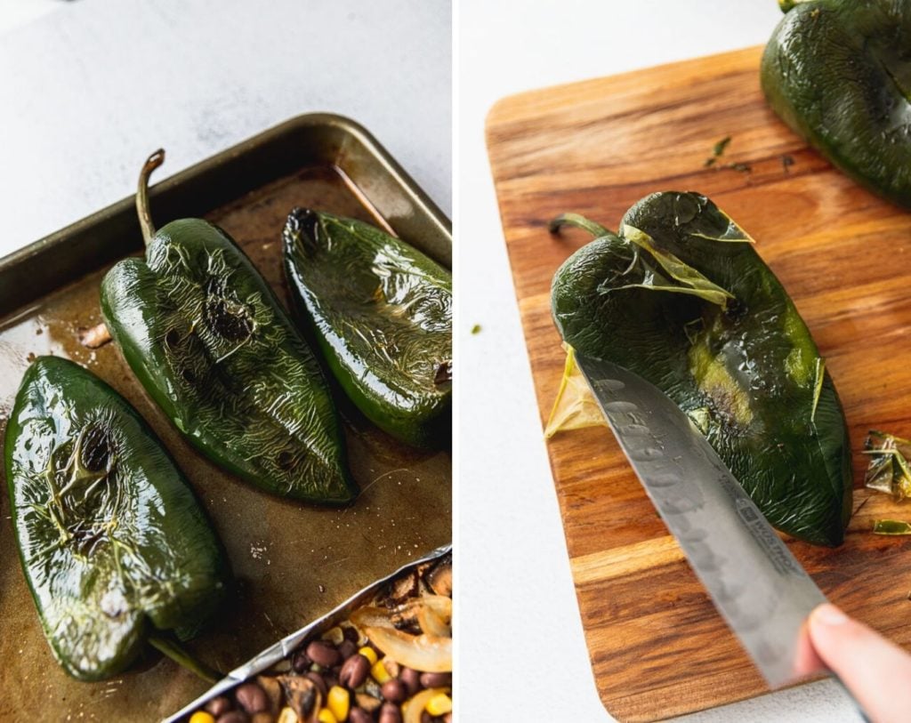 side by side photos of roasted poblano peppers on sheet pan and scraping off the peel