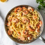 skillet with shrimp scampi pasta
