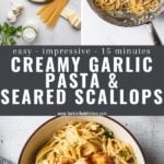 Creamy garlic pasta pin with title text overlay