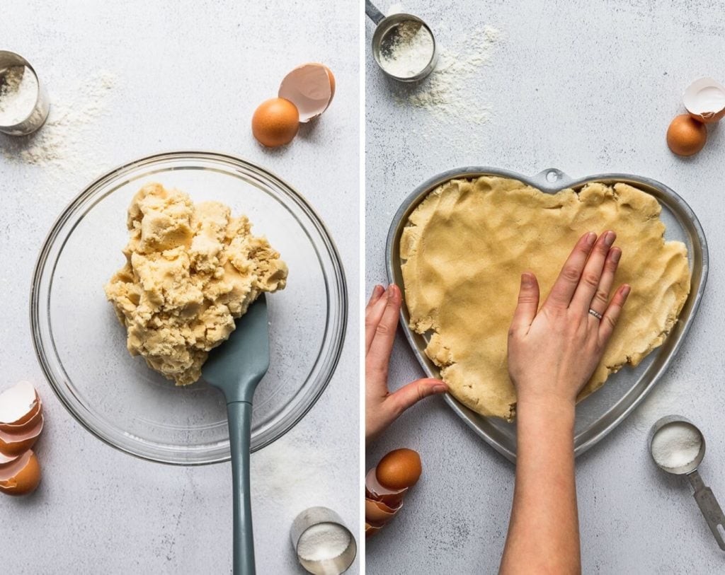 side by side cookie dough and pressing into heart shaped pan