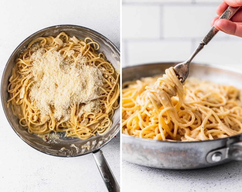 Creamy garlic pasta in skillet with parmesan and fork twirling.