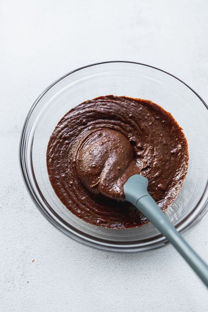 bowl of brownie batter with spatula