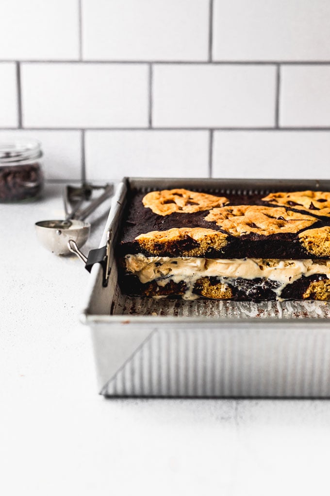 brookies in pan with cookie dough ice cream inside