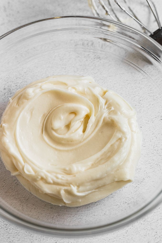 bourbon cream cheese frosting in mixing bowl