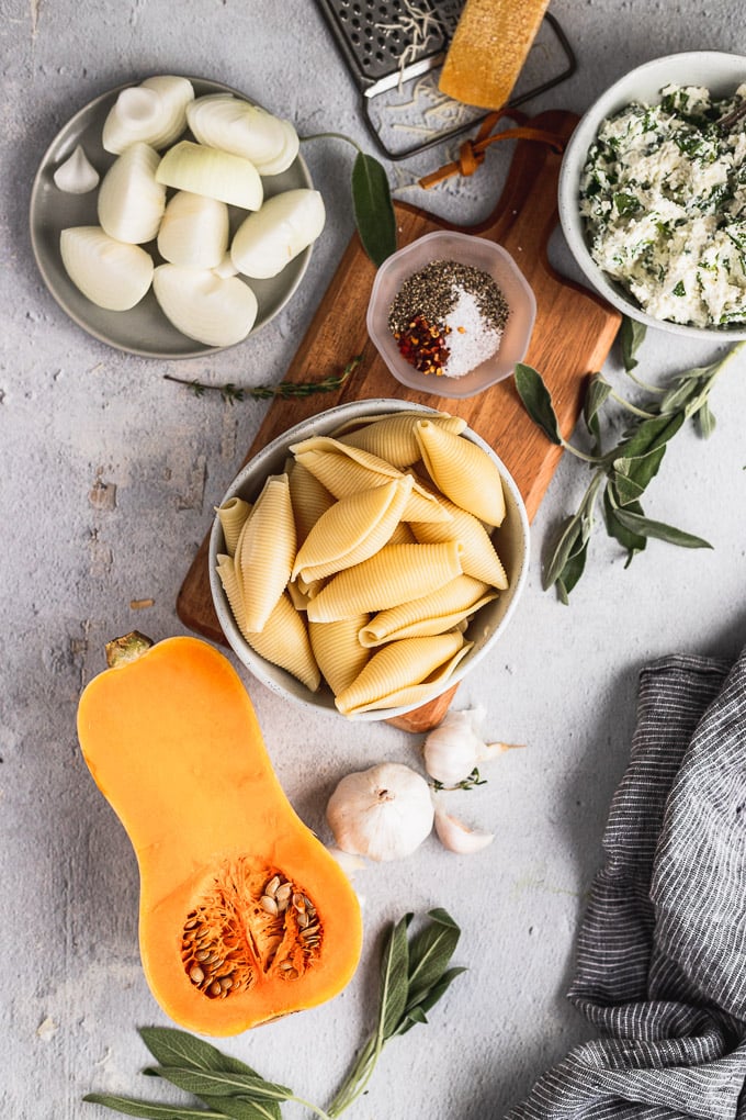 ricotta and spinach stuffed shells with butternut squash sauce ingredients laid out