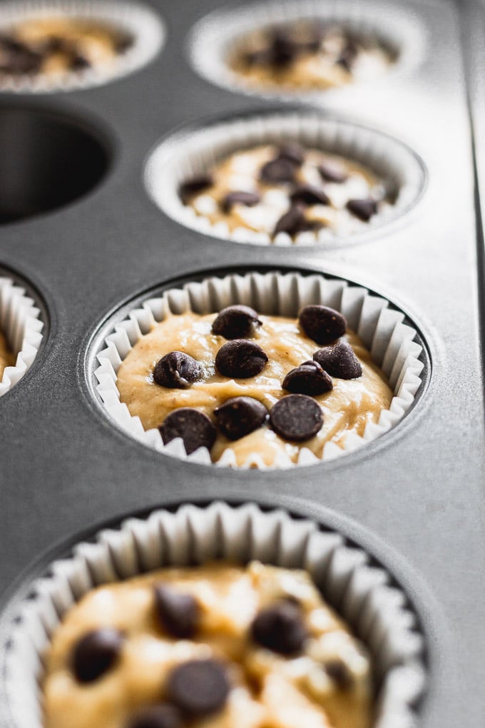 Muffin batter in tin with chocolate chips on top.