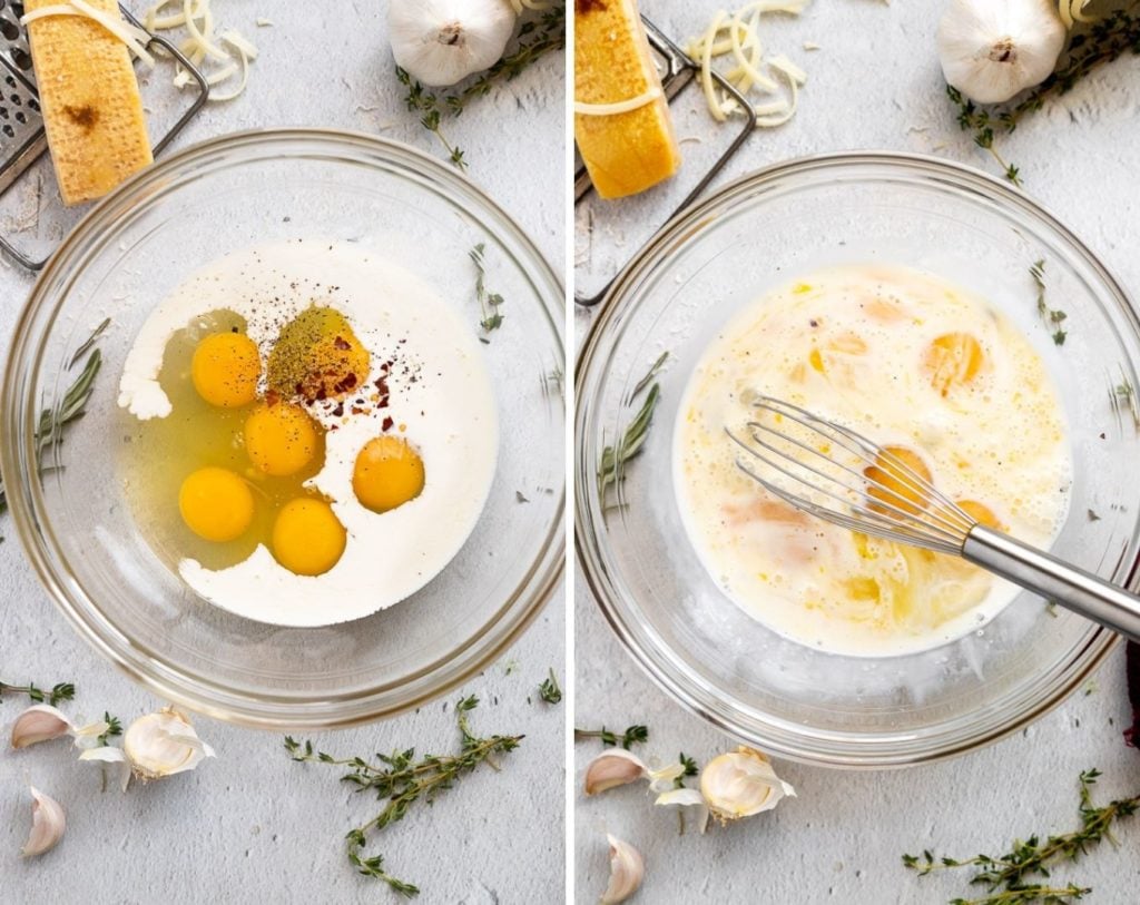 side by side photos eggs and half and half in mixing bowl with whisk