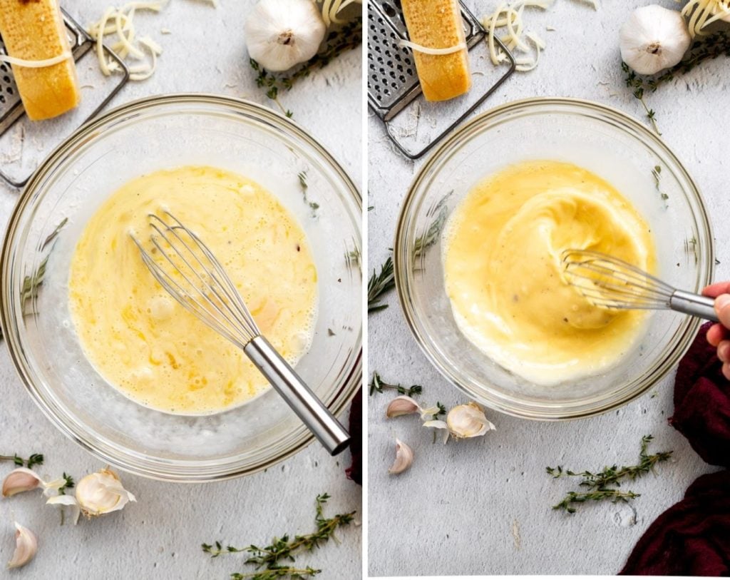 side by side photos of whisking egg mixture in bowl
