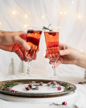 two people cheersing with cranberry rosemary prosecco