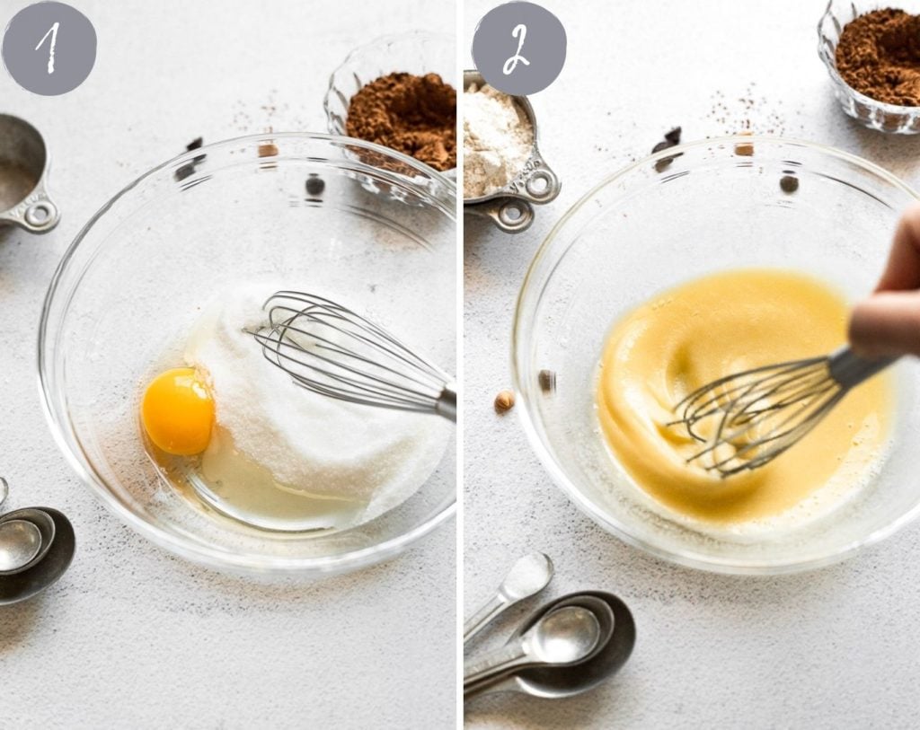 egg and sugar in mixing bowl and whisking together