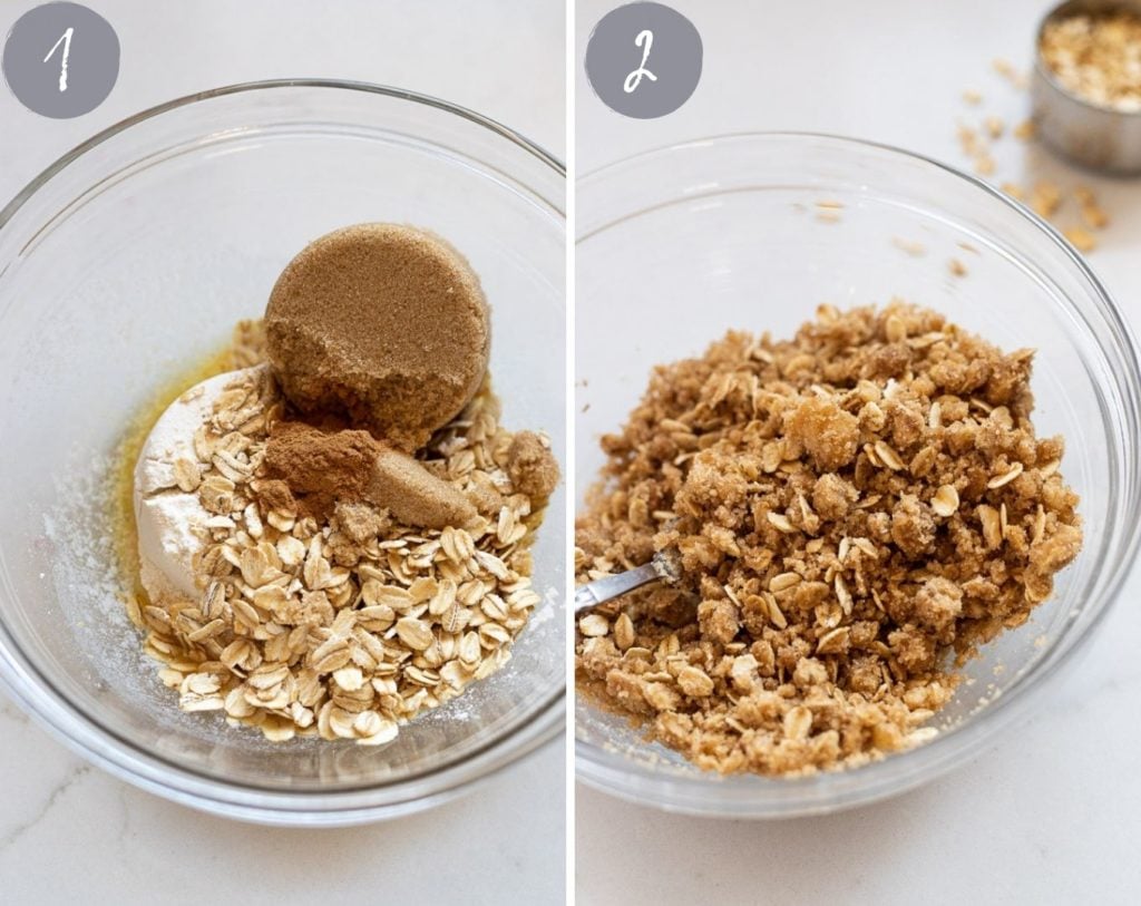 side by side photos of oat streusel in bowl